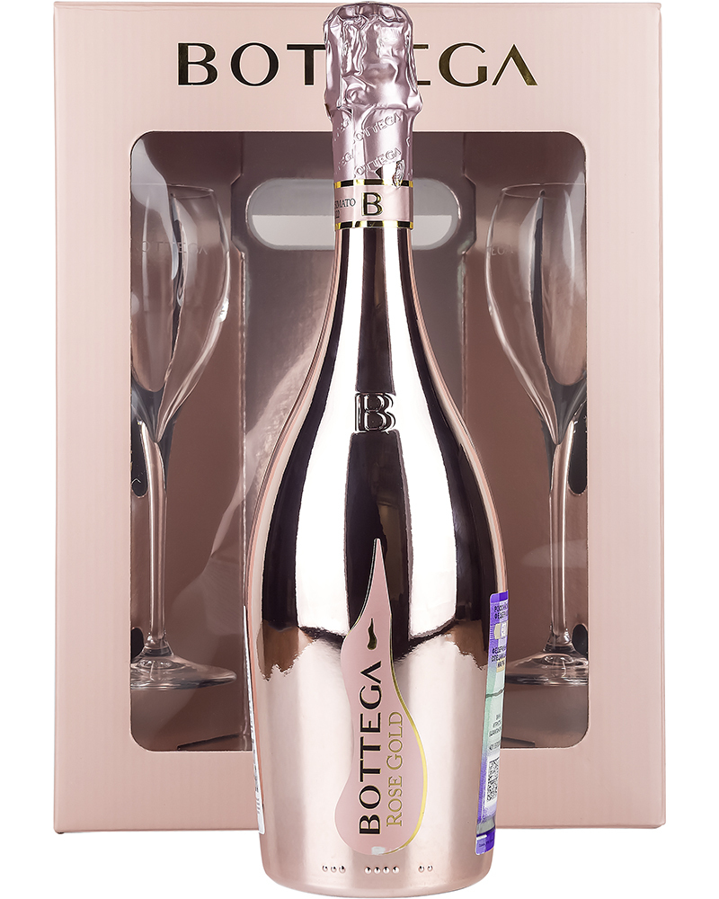 Подарочный Набор Вино Розовое Игристое Bottega Розе Голд Брют + 2 бокала 11,5%, 0,75 л, Италия